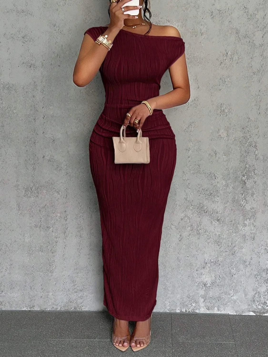 Textured Single Shoulder Maxi Dress - Blushé Belle