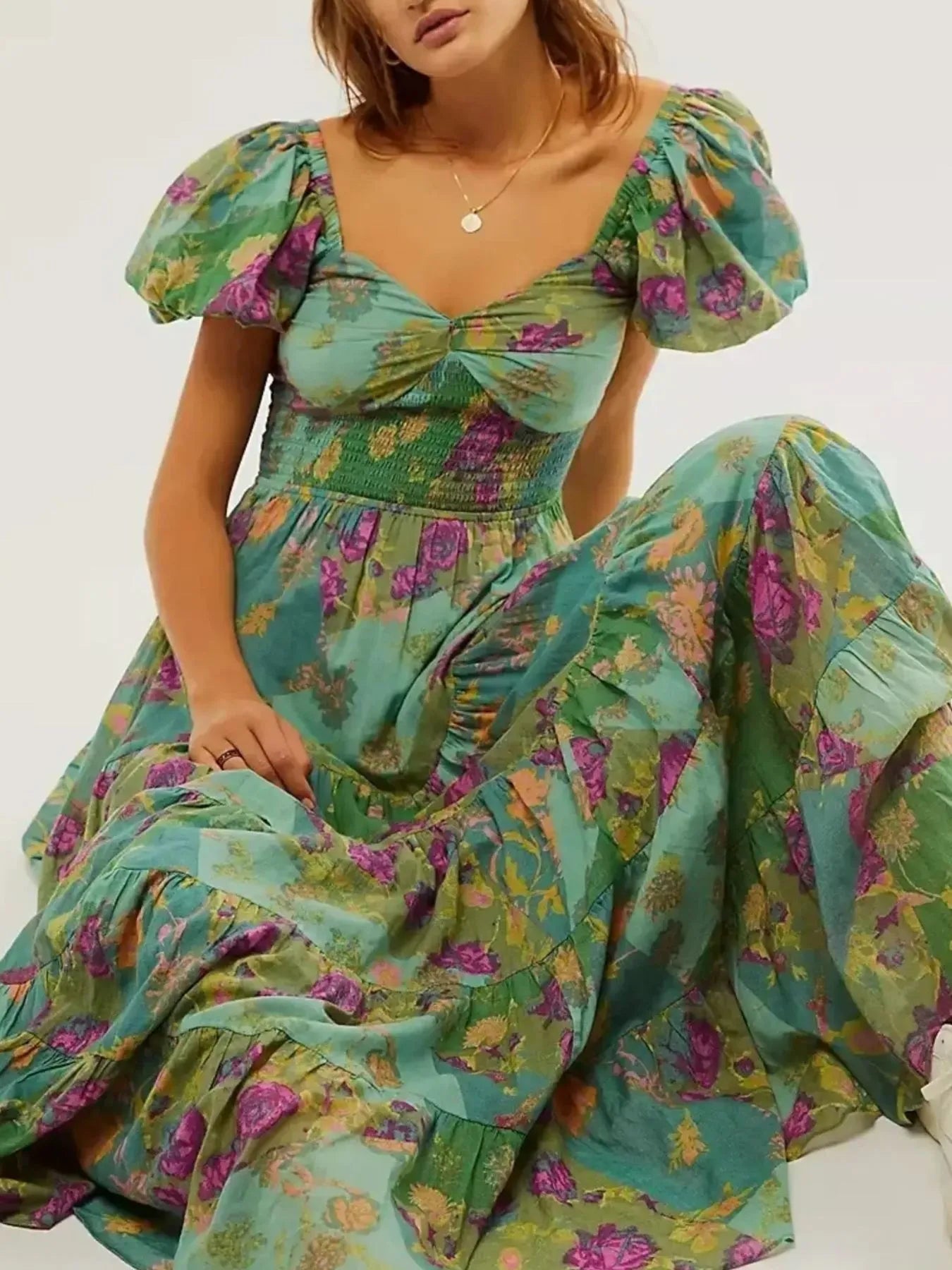 Printed Sweetheart Neck Puff Sleeve Maxi Dress - Blushé Belle