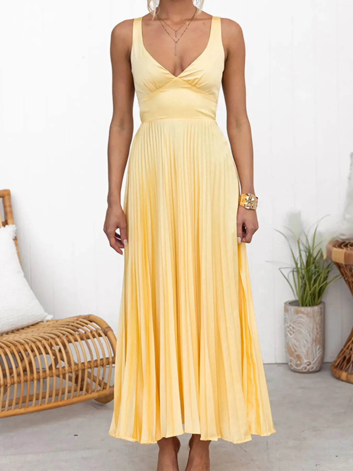 Pleated V-Neck Sleeveless Maxi Dress - Blushé Belle