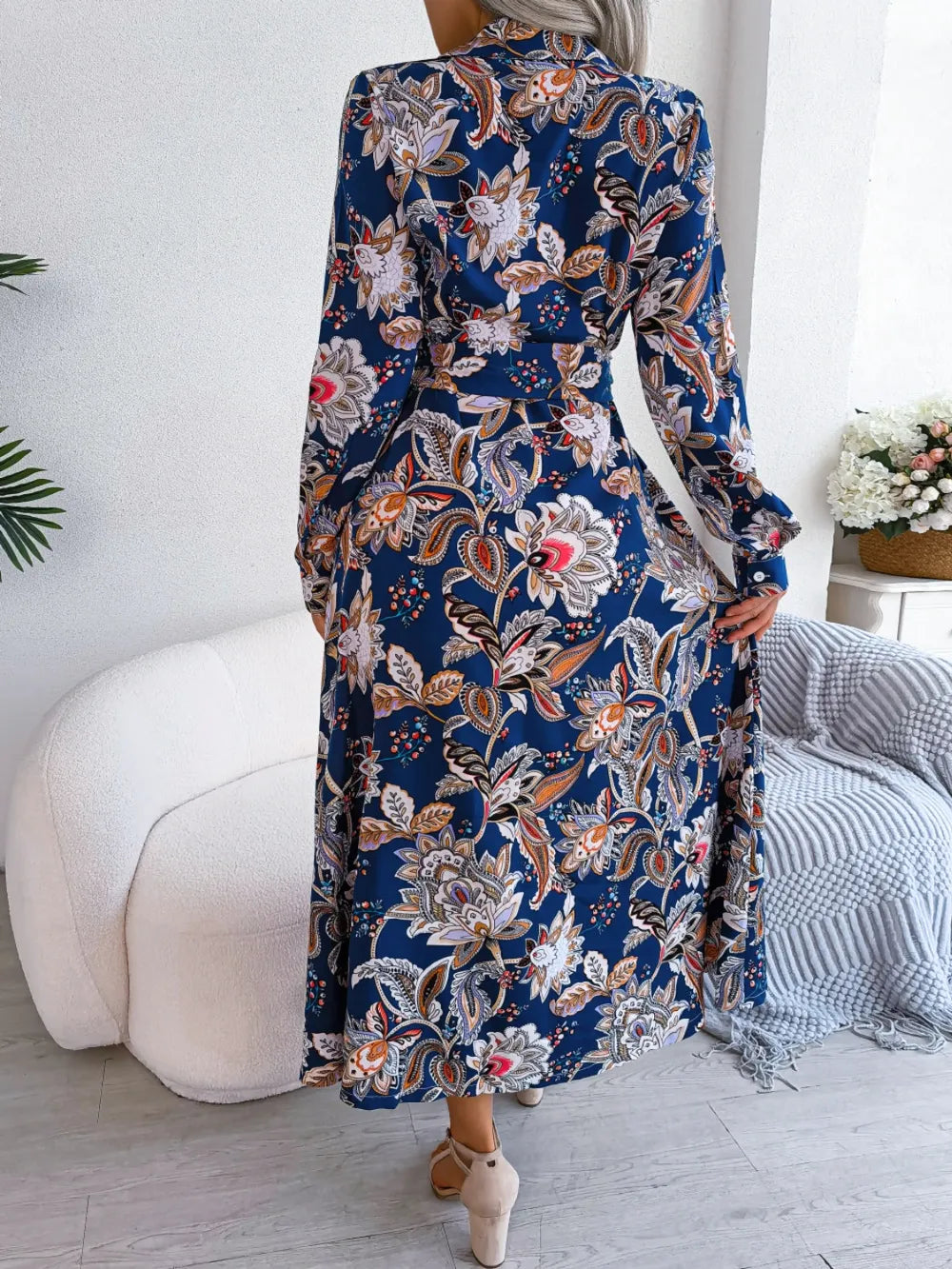 Tied Printed Long Sleeve Midi Dress - Blushé Belle