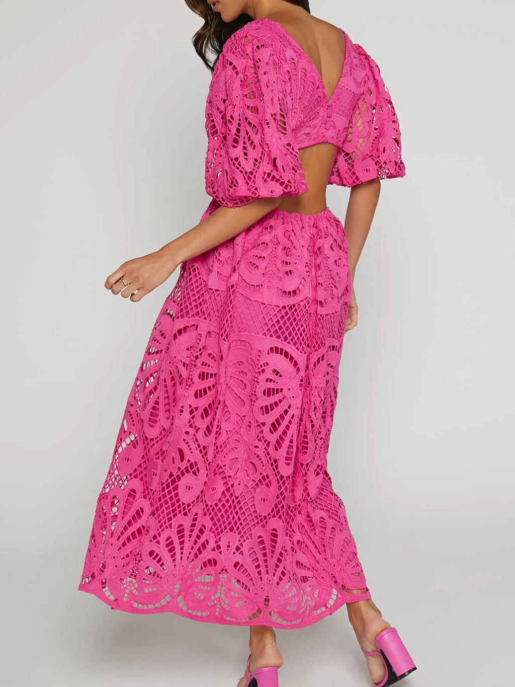 Cutout Back Lace Crochet V-Neck Dress - Blushé Belle