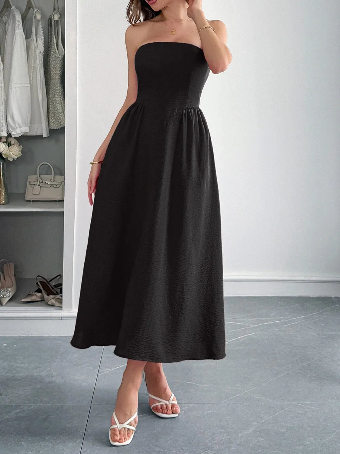Strapless A-Line Midi Dress with Pockets - Blushé Belle