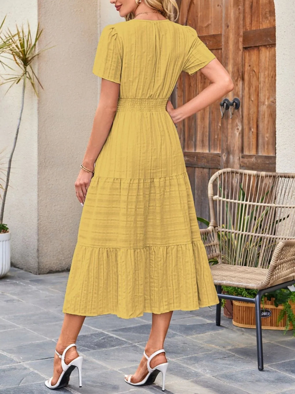 Tiered Notched Short Sleeve Dress - Blushé Belle