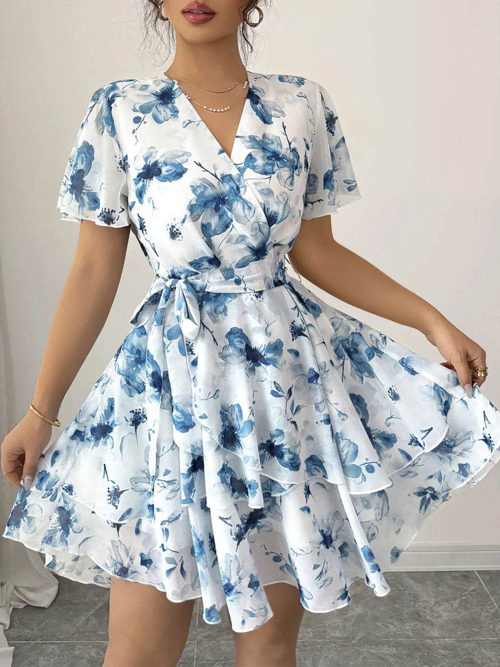 Printed Surplice Layered Mini Dress - Blushé Belle