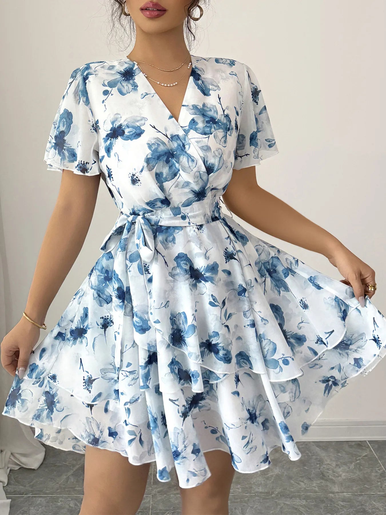 Printed Surplice Layered Mini Dress - Blushé Belle