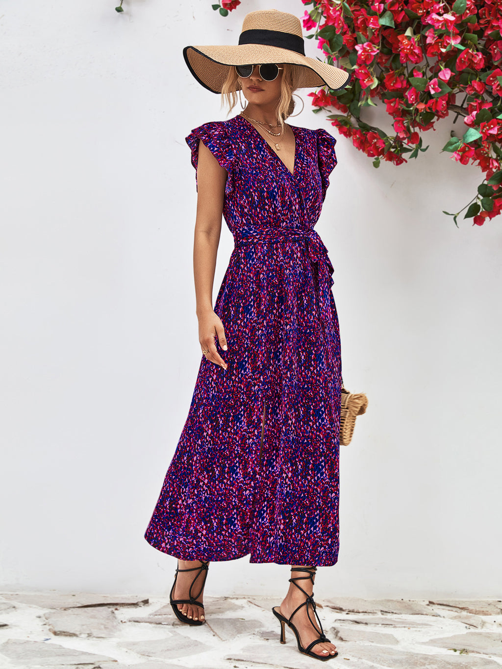 Printed Surplice Neck Flutter Sleeve Slit Dress - Blushé Belle