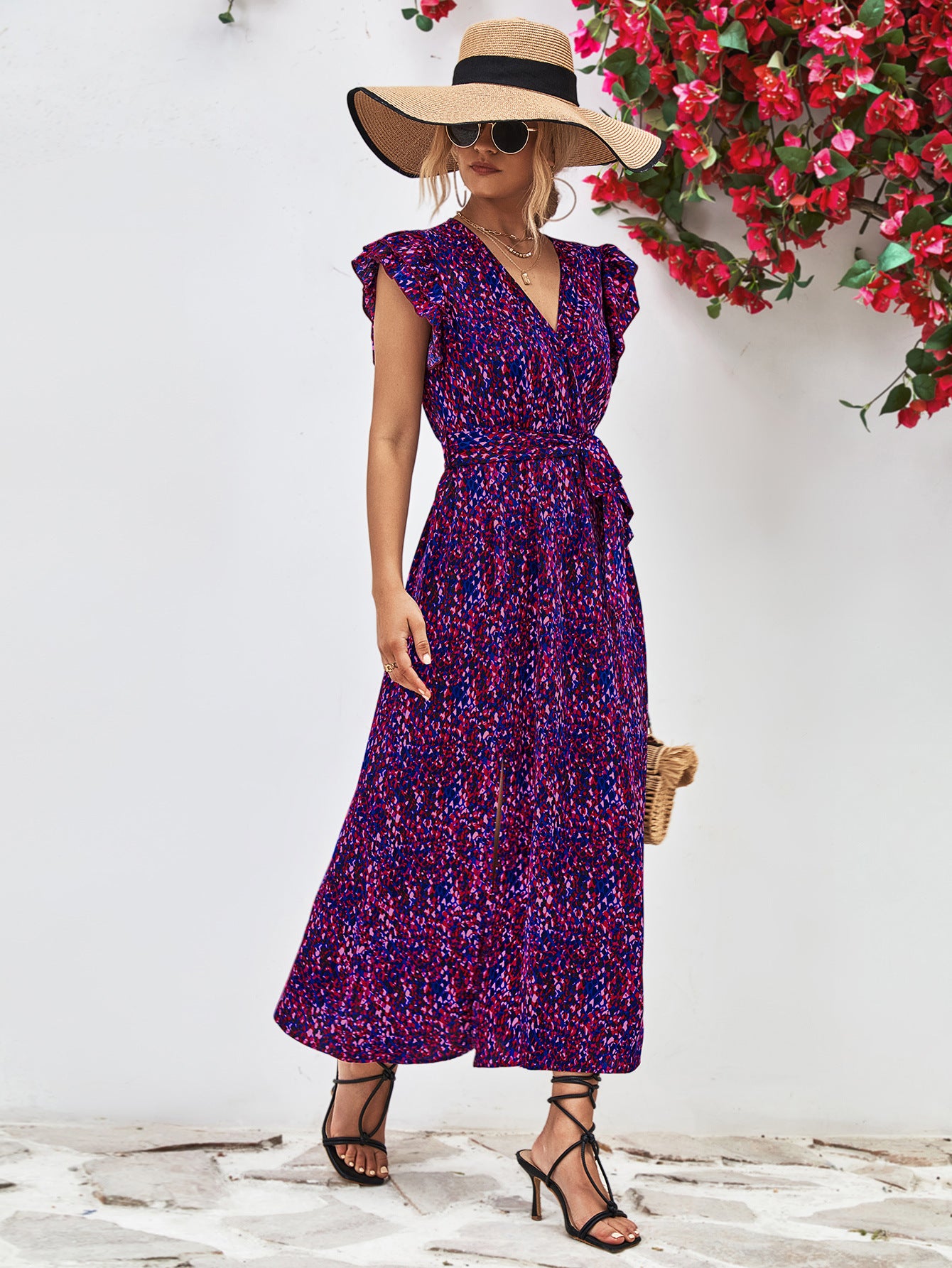 Printed Surplice Neck Flutter Sleeve Slit Dress - Blushé Belle