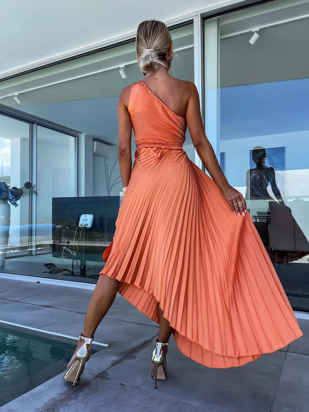 Full Size Single Shoulder Pleated Midi Dress Plus Size - Blushé Belle