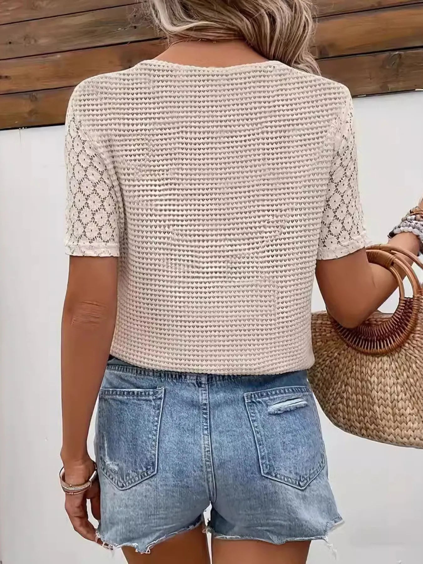 Lace Sleeve V-neck Waffle Knit Top - Blushé Belle