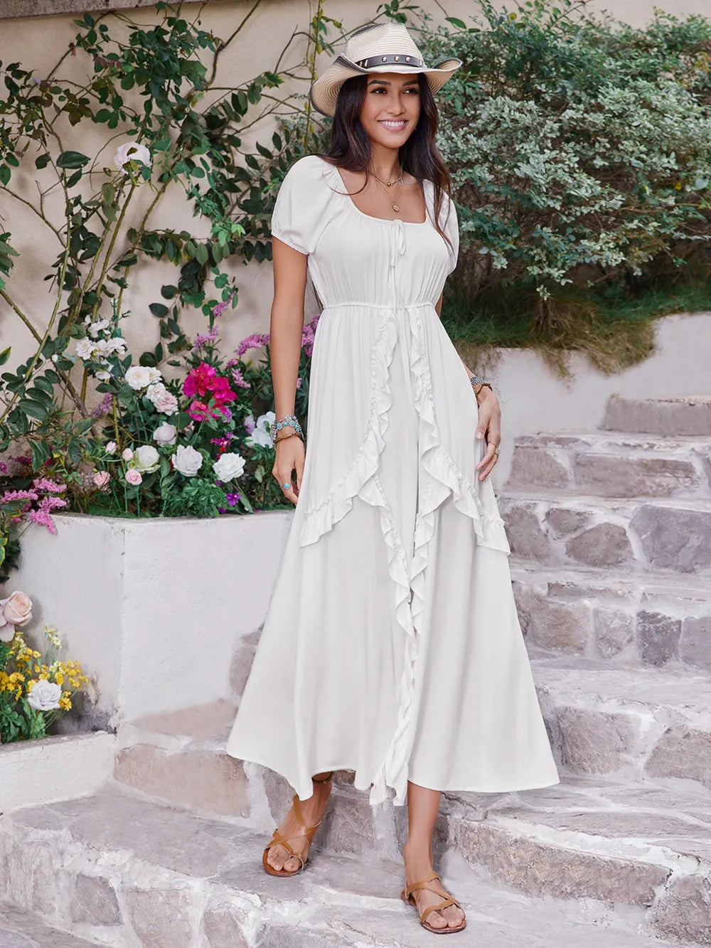 Ruffled Square Neck Short Sleeve Dress - Blushé Belle