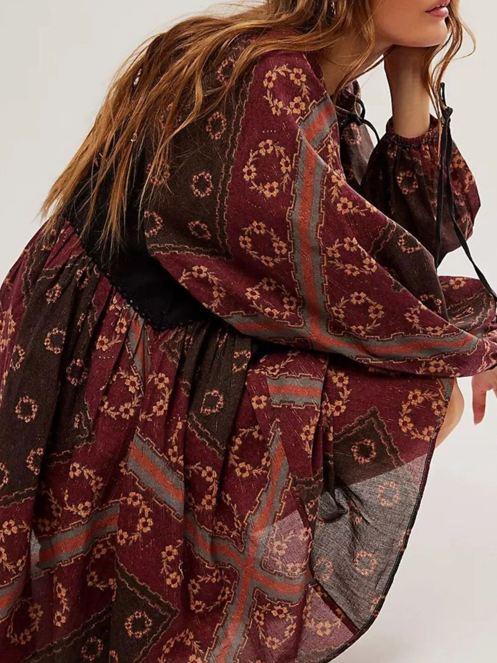 Printed Tie Neck Long Sleeve Dress - Blushé Belle