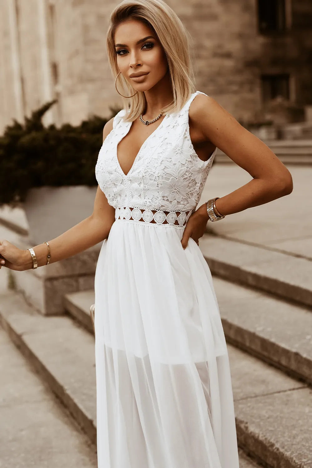Slit Lace Detail V-Neck Dress - Blushé Belle