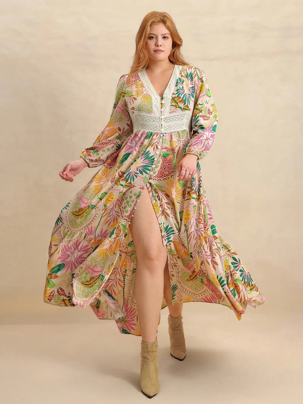 Plus Size Lace Detail Printed V-Neck Balloon Sleeve Dress - Blushé Belle