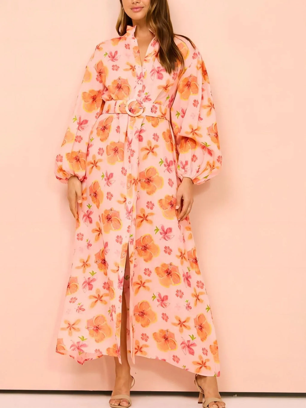 Printed Maxi Shirt Dress with Belt - Blushé Belle