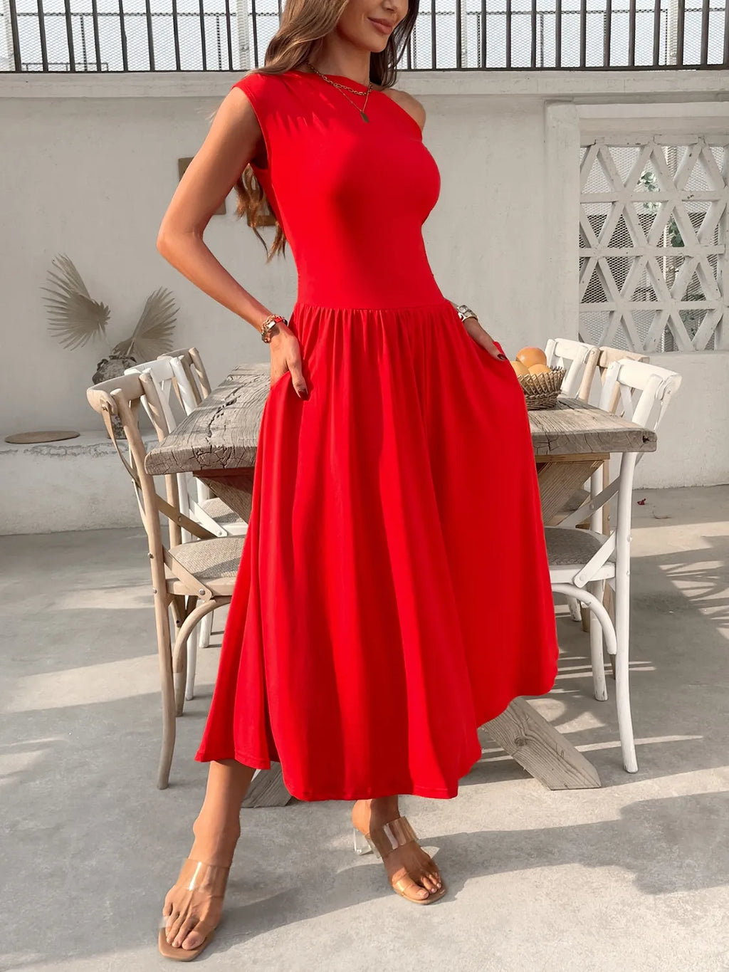 Single Shoulder Midi Dress with Pockets - Blushé Belle