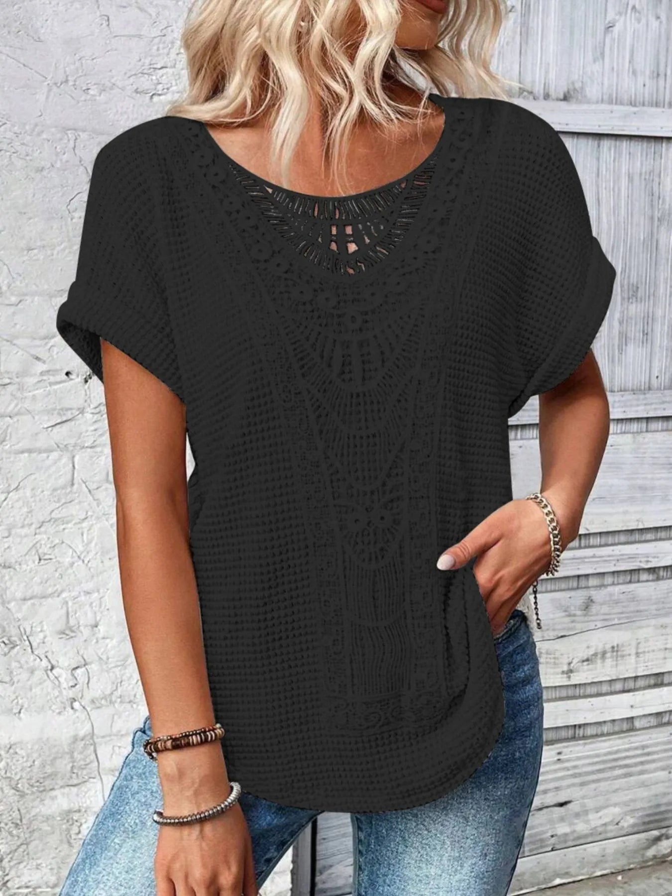 Crochet Lace Short Sleeve Casual T-Shirt - Blushé Belle