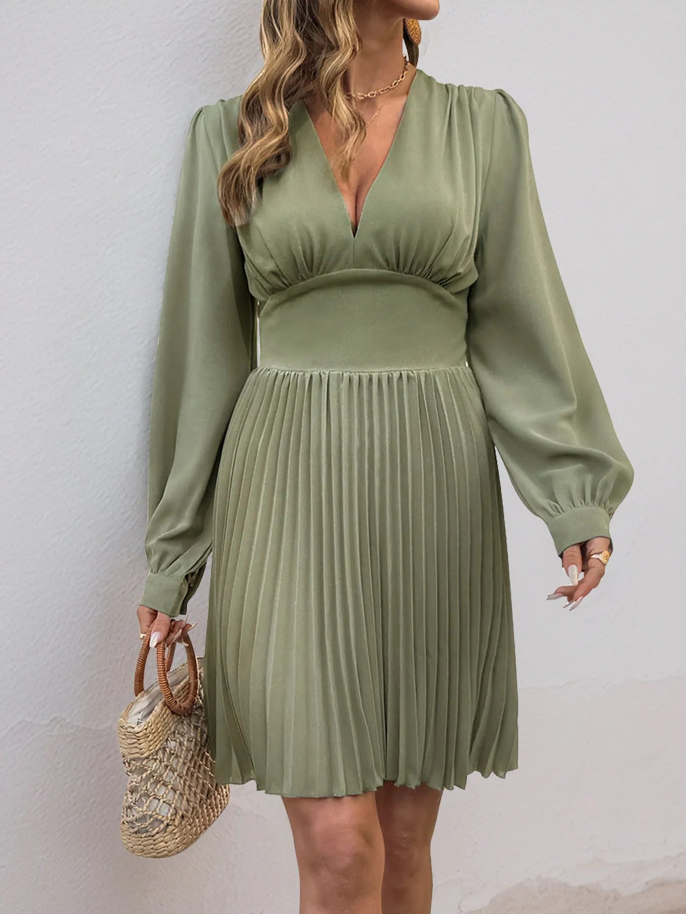 Pleated Long Sleeve V-Neck Dress - Blushé Belle