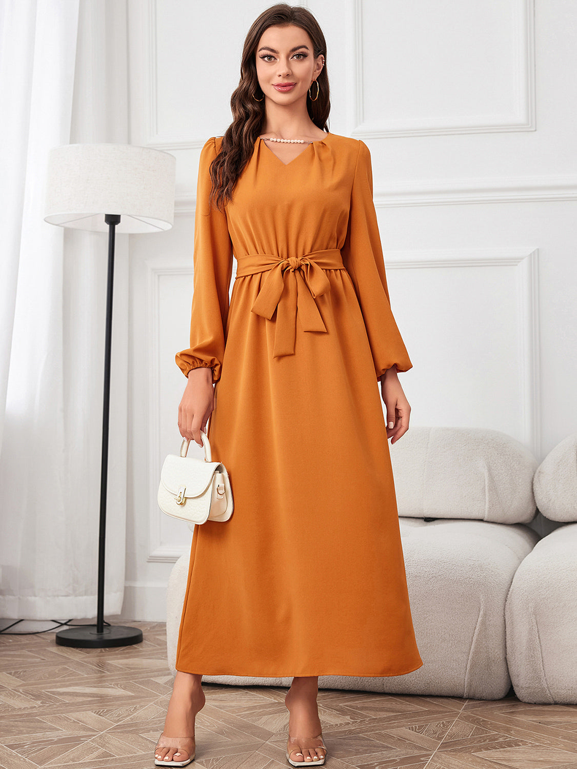 Tie Waist Puff Sleeve Maxi Dress - Blushé Belle