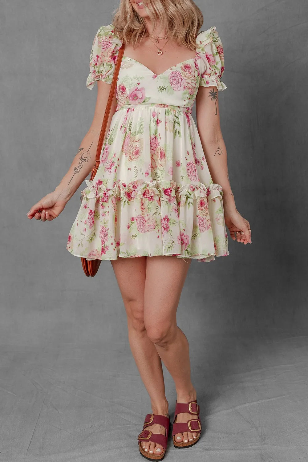 Floral Bubble Sleeve Sweetheart Neck Ruffle Mini Dress - Blushé Belle