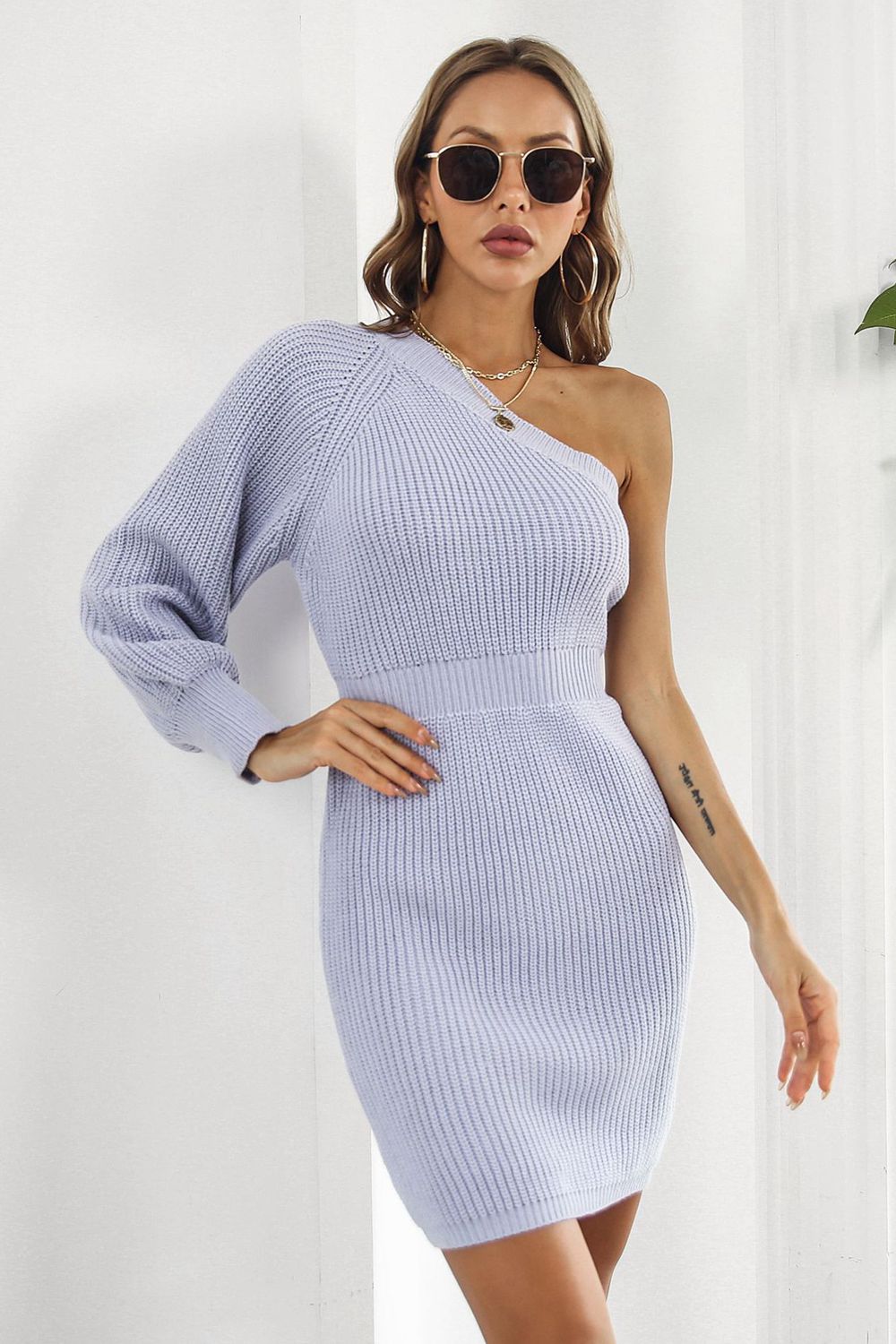 One Shoulder Raglan Sleeve Pencil Sweater Dress - Blushé Belle