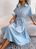 Short Sleeve Collared Tie Belt Dress - Blushé Belle