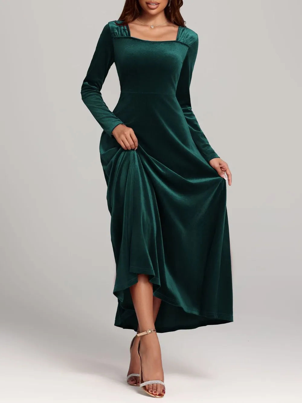 Square Neck Long Sleeve Velvet Dress - Blushé Belle