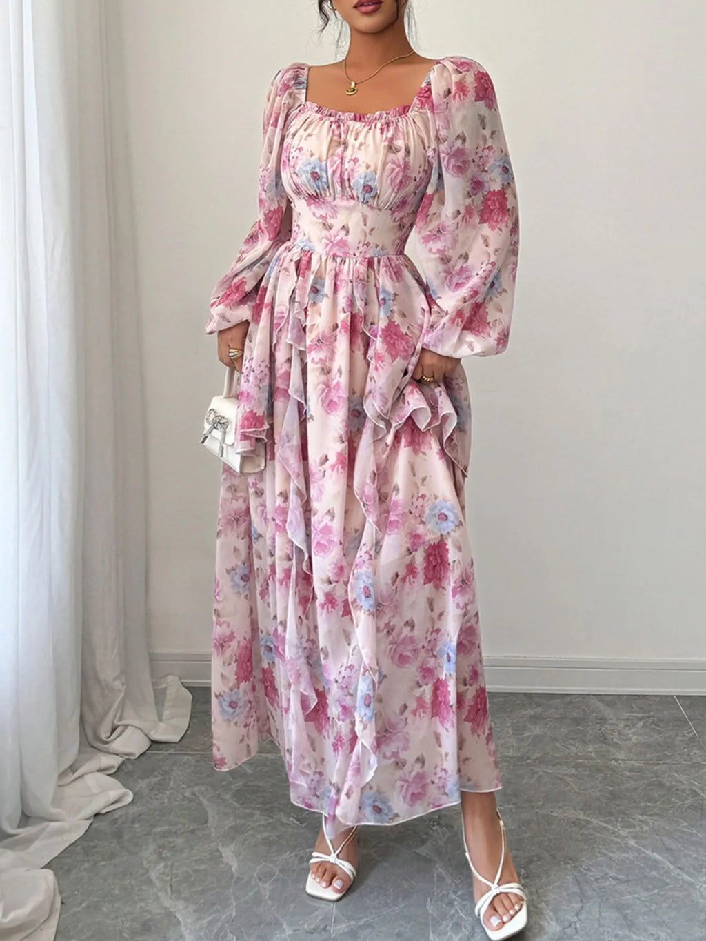Ruffled Floral Print Balloon Sleeve Maxi Dress - Blushé Belle