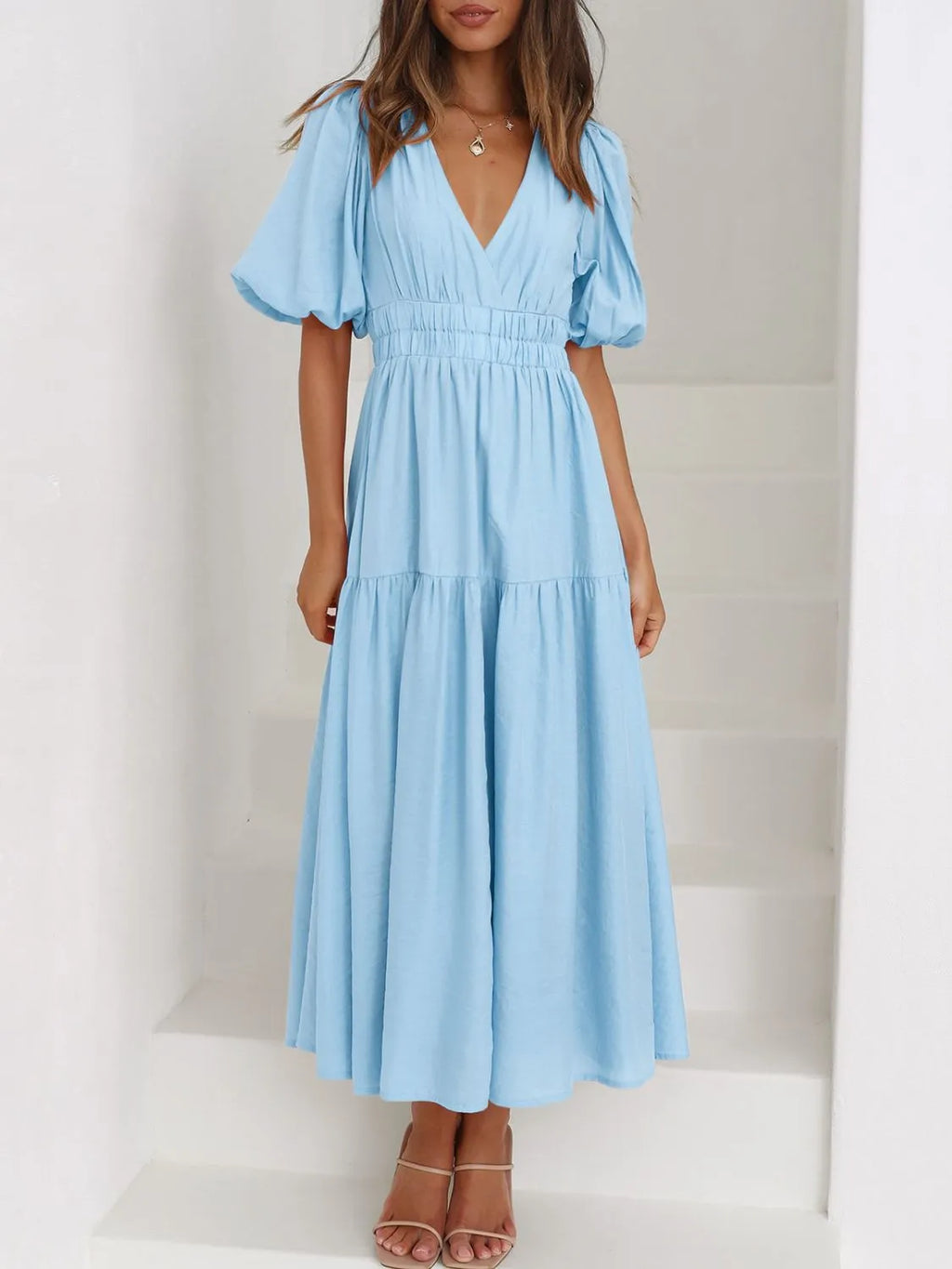 V-Neck Puff Sleeve Midi Dress - Blushé Belle