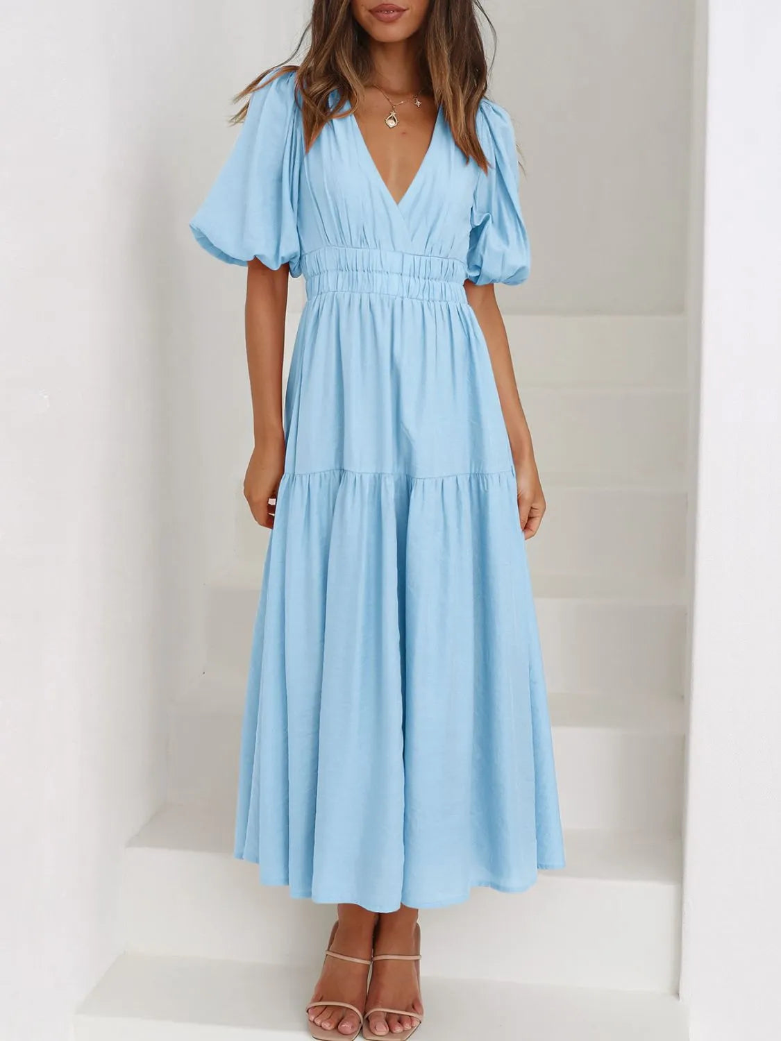 V-Neck Puff Sleeve Midi Dress - Blushé Belle