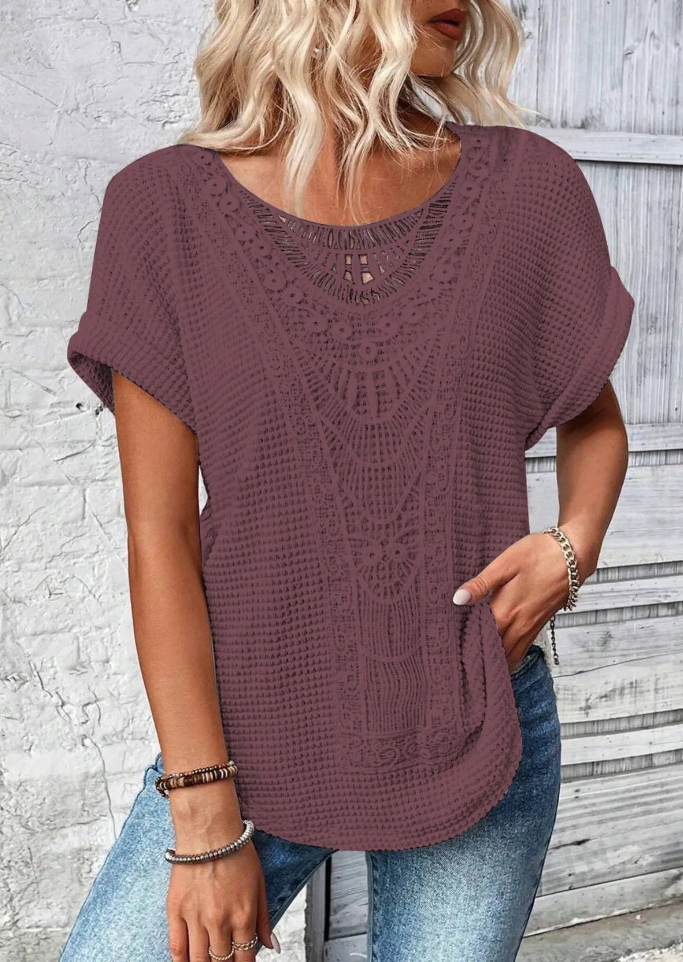 Crochet Lace Short Sleeve Casual T-Shirt - Blushé Belle