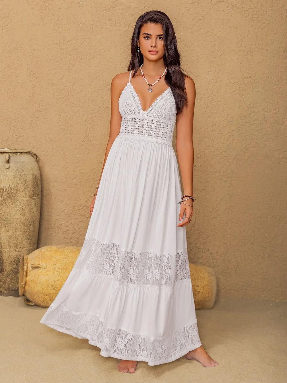 Lace Detail Crochet Tiered Maxi Cami Dress - Blushé Belle