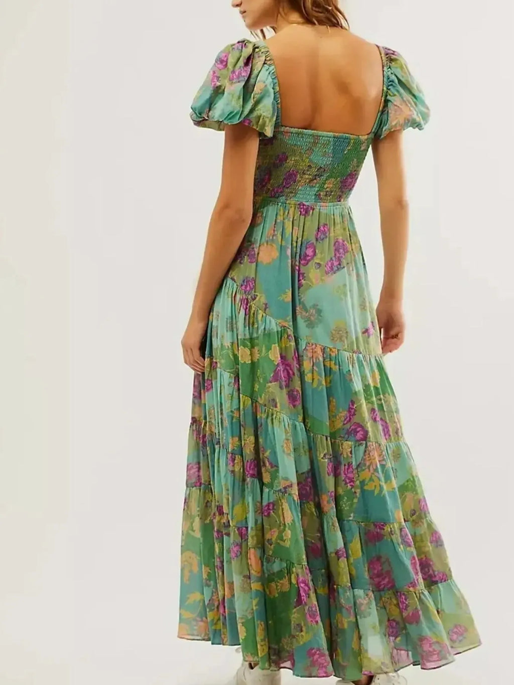 Printed Sweetheart Neck Puff Sleeve Maxi Dress - Blushé Belle