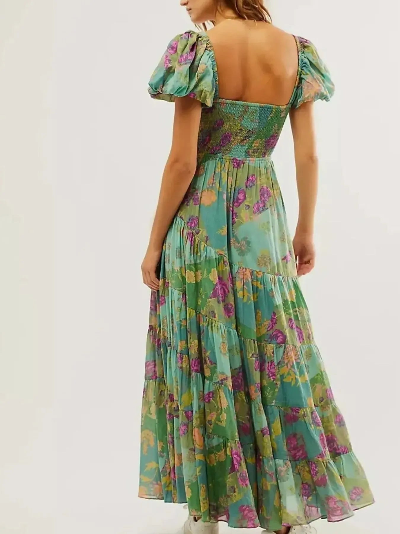 Printed Sweetheart Neck Puff Sleeve Maxi Dress - Blushé Belle