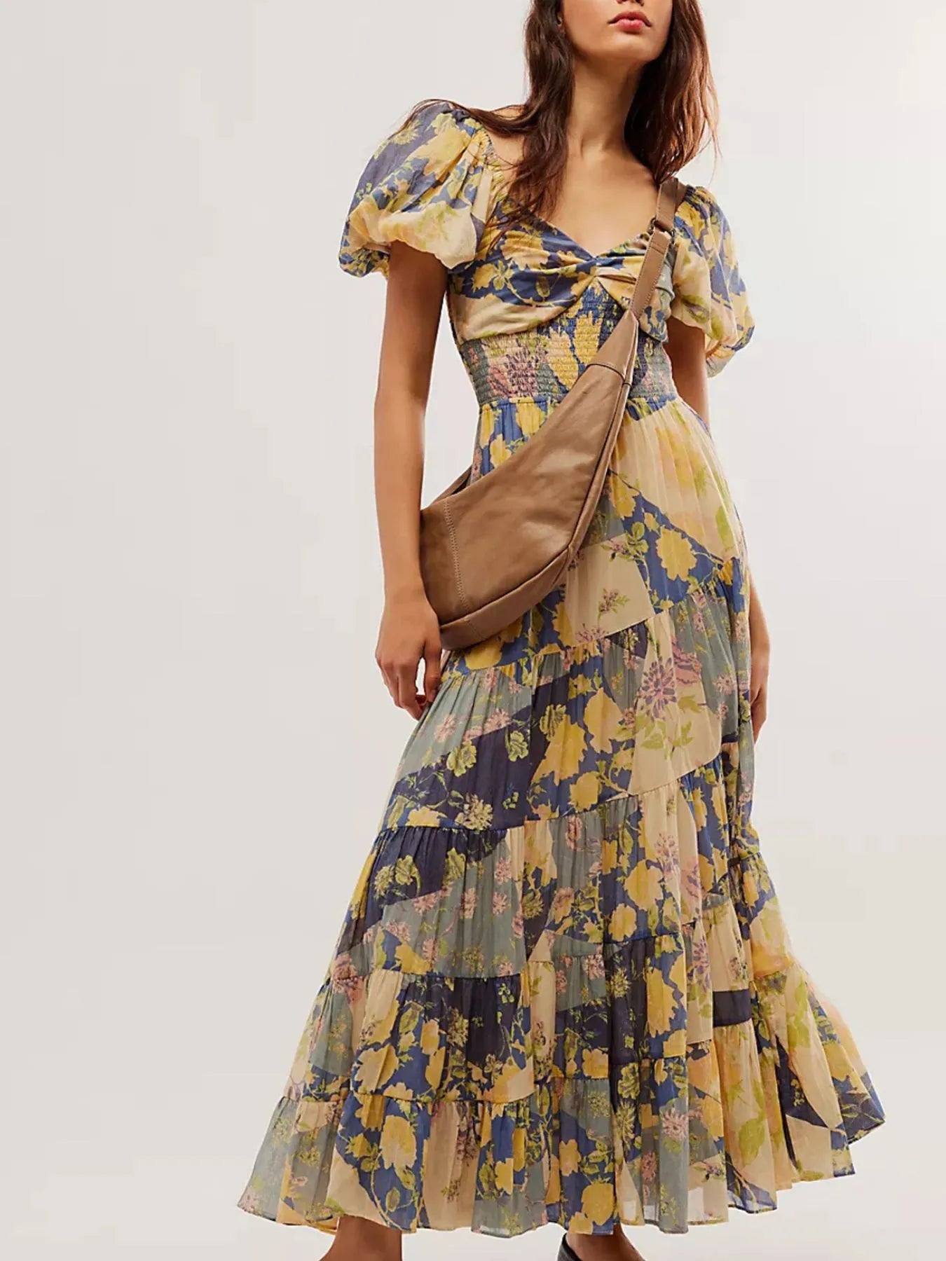 Printed Sweetheart Neck Puff Sleeve Maxi Dress - Blushé Belle