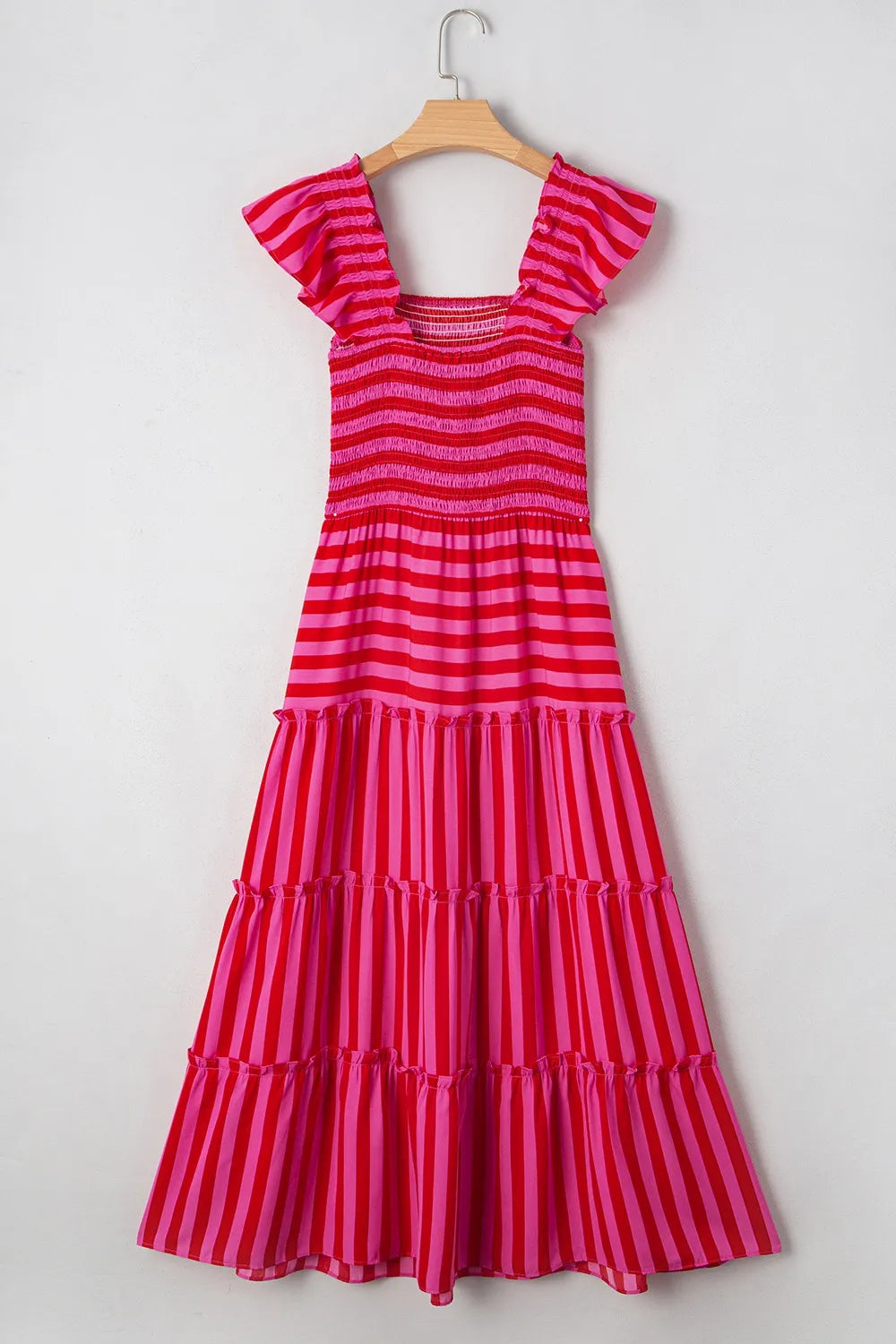 Stripe Flutter Sleeve Smocked Bodice Tiered Maxi Dress - Blushé Belle