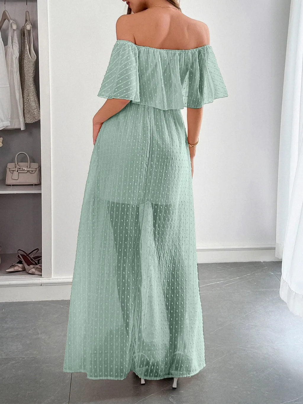 Swiss Dot Off Shoulder Maxi Dress - Blushé Belle