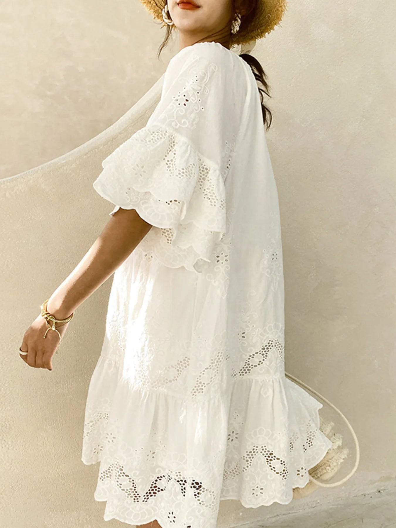 Eyelet Embroidered Tassel Tie Neck Dress - Blushé Belle