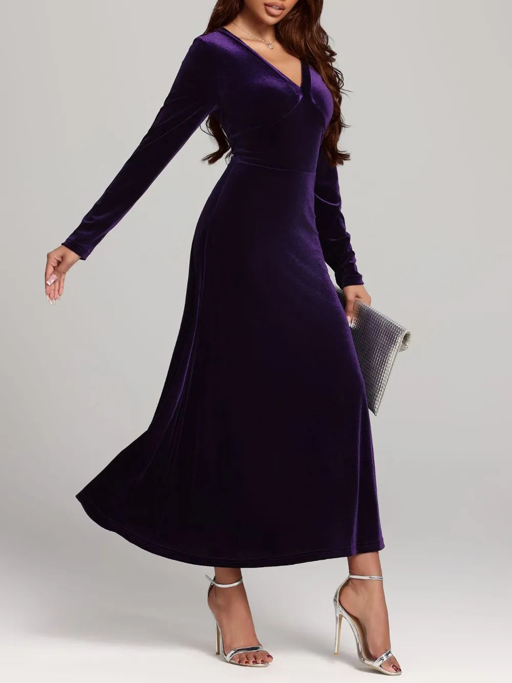 V-Neck Long Sleeve Velvet Dress - Blushé Belle
