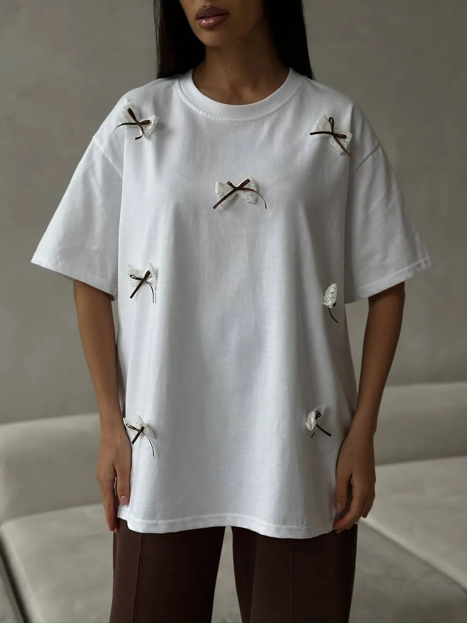 Bow Round Neck Oversized T-Shirt - Blushé Belle