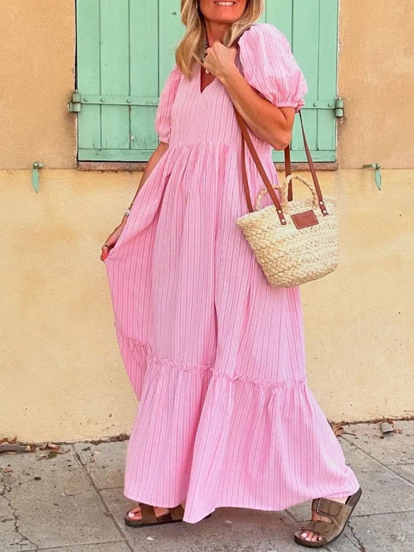 Striped Puff Sleeve V-Neck Maxi Dress - Blushé Belle
