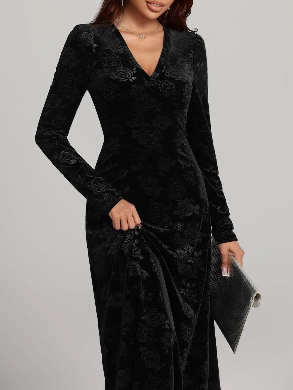 Rose Print V-Neck Long Sleeve Dress - Blushé Belle