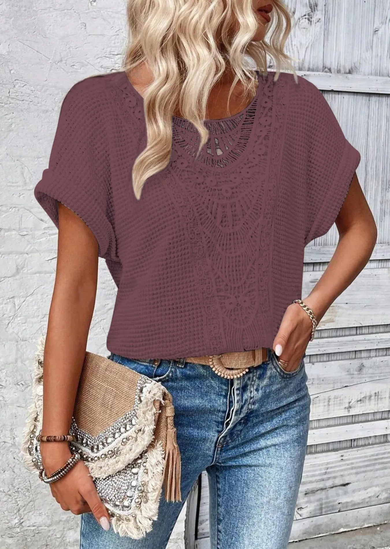 Crochet Lace Short Sleeve Casual T-Shirt - Blushé Belle