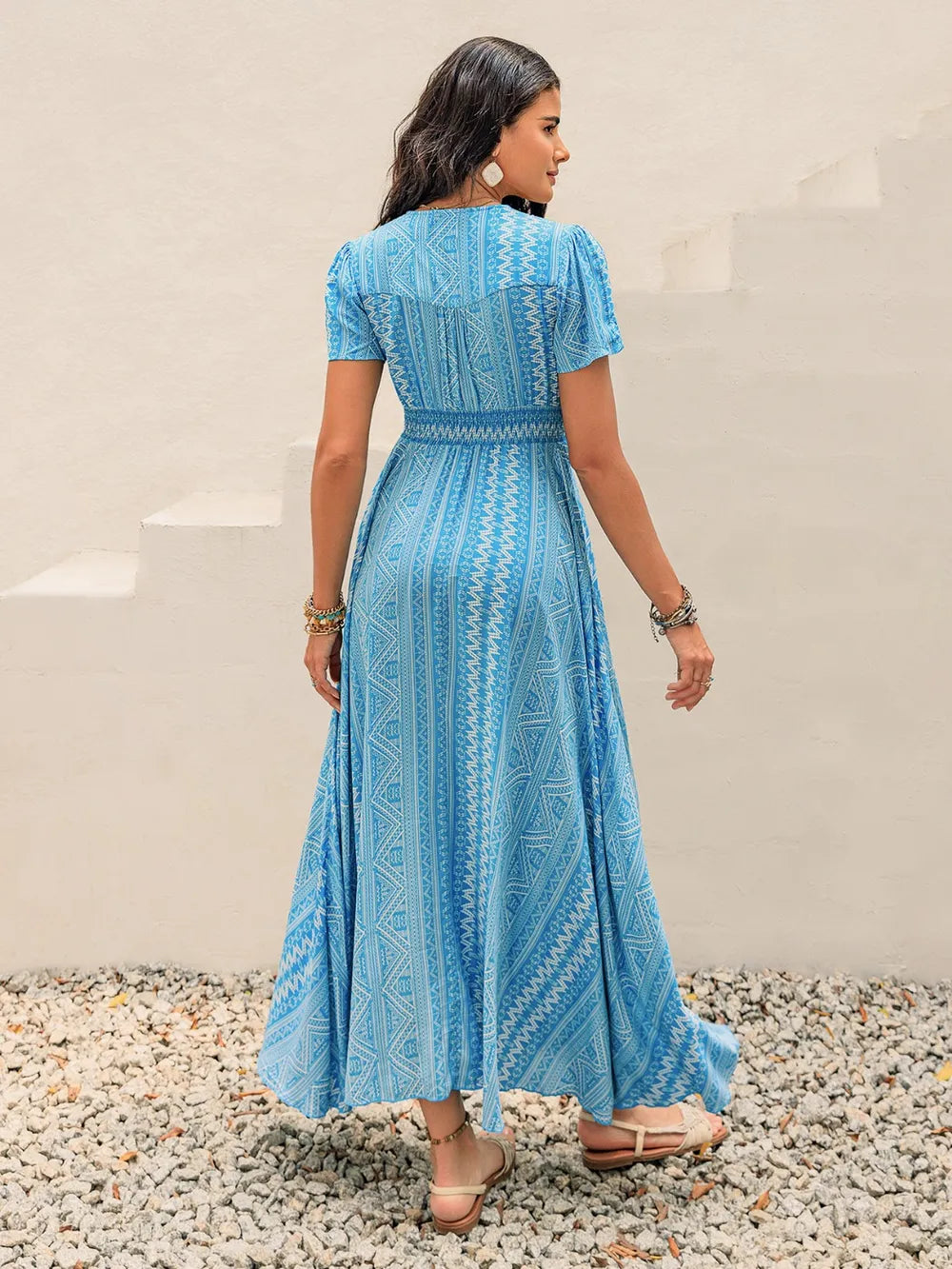 Printed Button Down Short Sleeve Maxi Dress - Blushé Belle