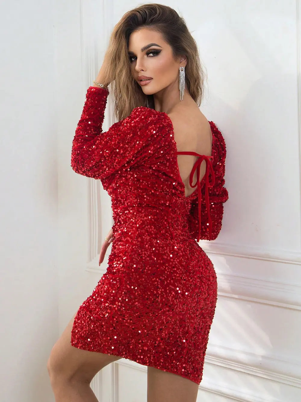 Sequin Sweetheart Neck Tie Back Long Sleeve Slit Dress - Blushé Belle