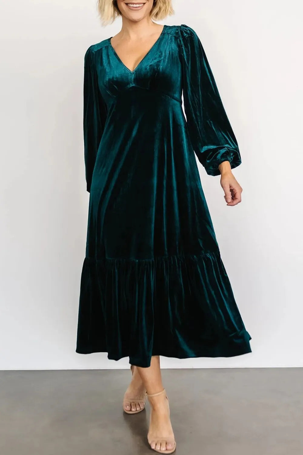 V-Neck Long Sleeve Midi Velvet Dress - Blushé Belle