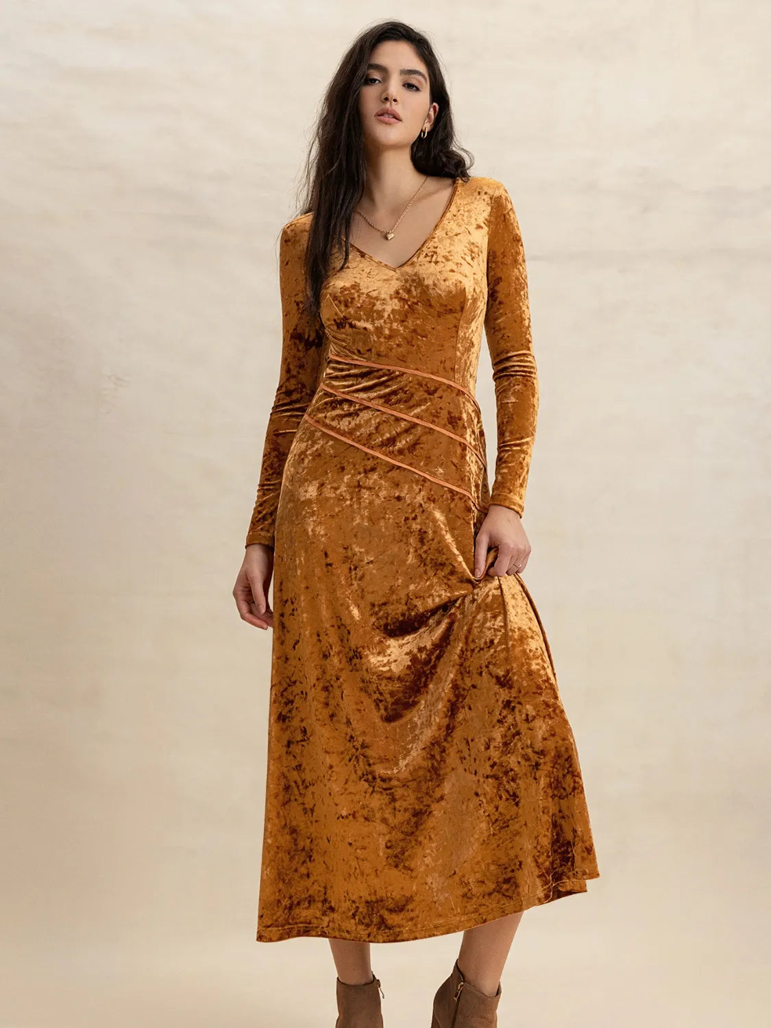 V-Neck Long Sleeve Midi Dress - Blushé Belle