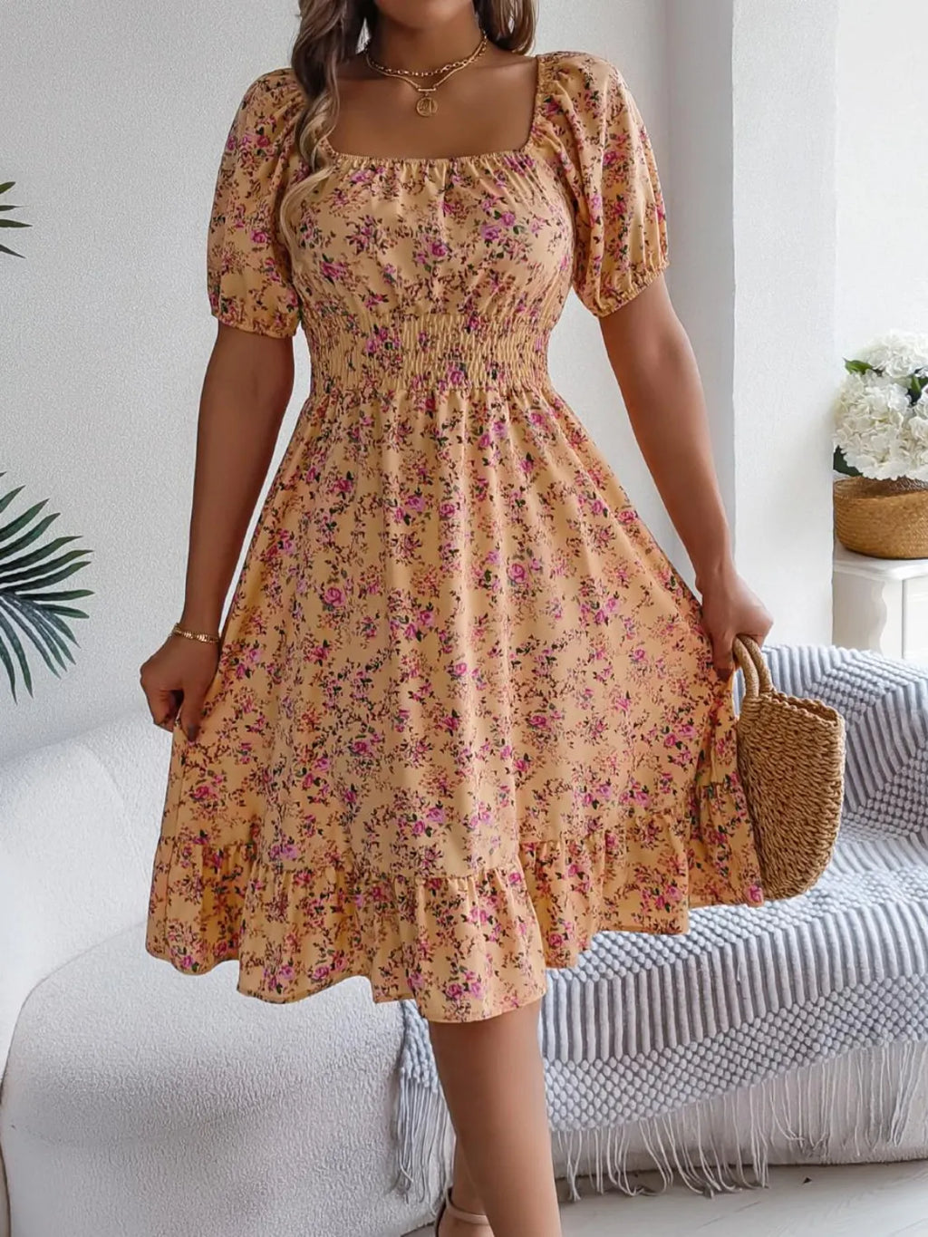 Ruffled Hem Floral Puff Sleeve Dress - Blushé Belle