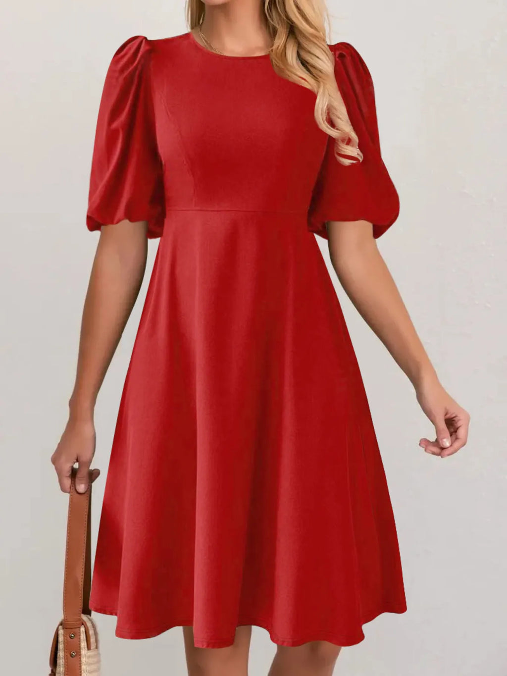 Round Neck Puff Sleeve A-Line Dress - Blushé Belle
