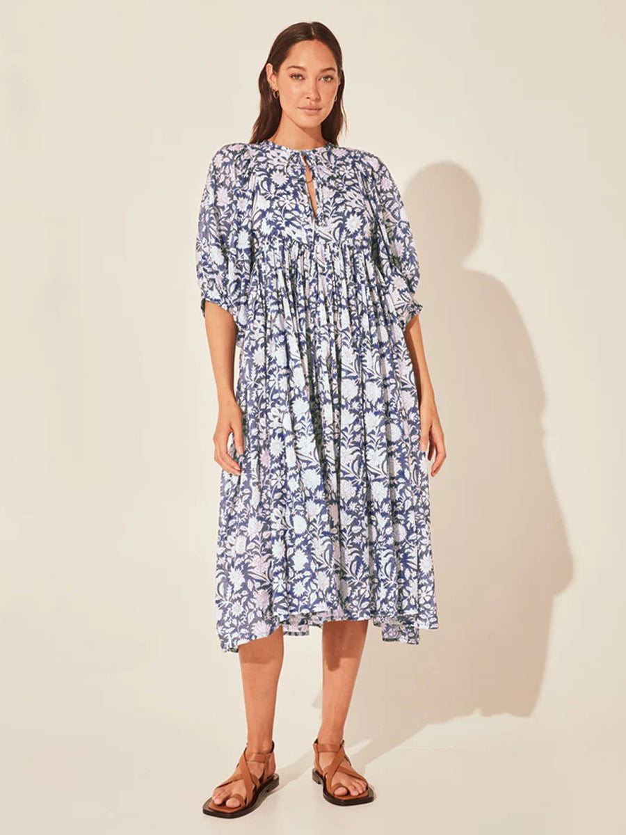 Floral Tie Neck Lantern Sleeve Dress - Blushé Belle