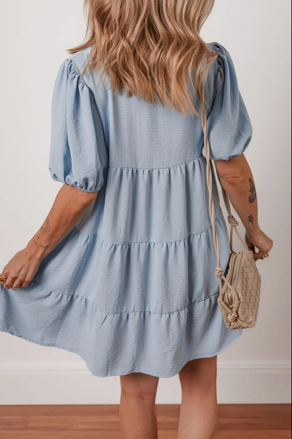 Button Up Puff Sleeve Tiered Shirt Dress - Blushé Belle